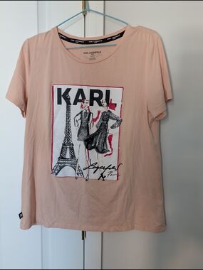 Karl Lagerfeld Light Pink Crewneck Graphic Tee with Black Logo Trim Medium